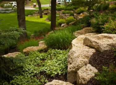 landscape design with boulder walls and vegetation